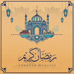 ramadan kareem in arabic calligraphy greetings with islamic moque and decoration, translated "happy ramadan" you can use it for greeting card, calendar, flier and poster - vector رمضان كريم