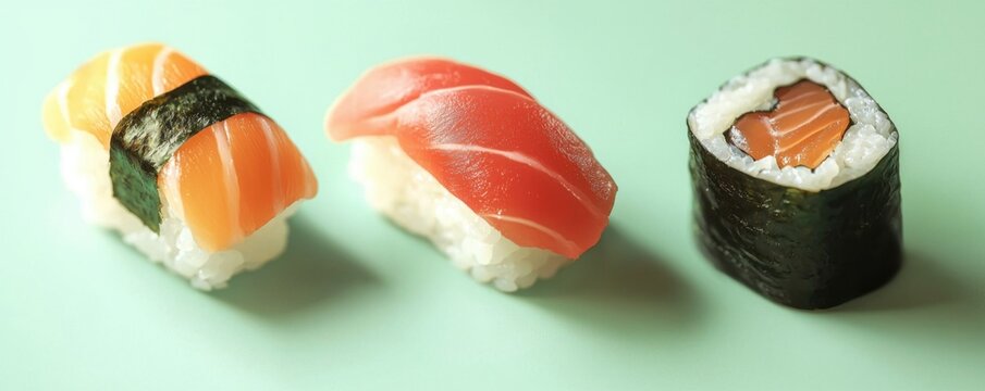 Different types of sushi placed on a light green banner under good lighting 