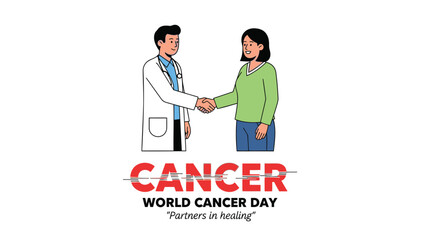 Doctor shaking hands with patient world cancer day illustration partners in healing support and care concept