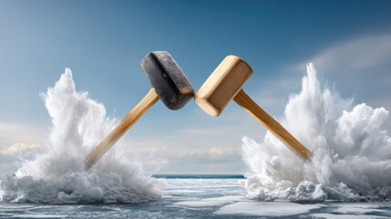 Two hockey sticks hit the ice with force while two mallets rest on the icy surface during a game or practice session