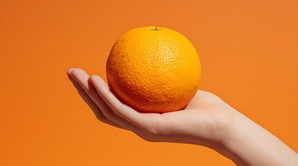 Close up of a hand holding a orange isolated on the orange background 