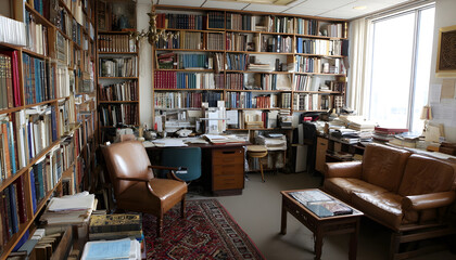 Obraz premium A room filled with books and papers for study or research