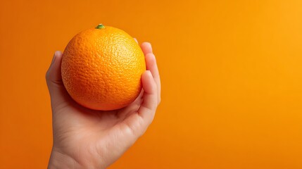Close up of a hand holding a orange isolated on the orange background 