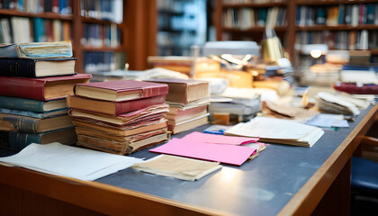 A room filled with books and papers for study or research
