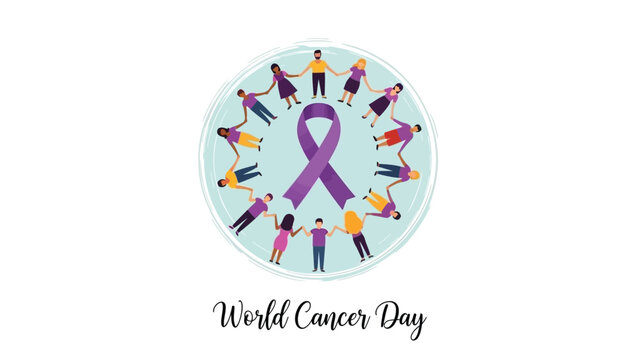 Diverse group of people holding hands around purple ribbon for world cancer day awareness campaign illustration
