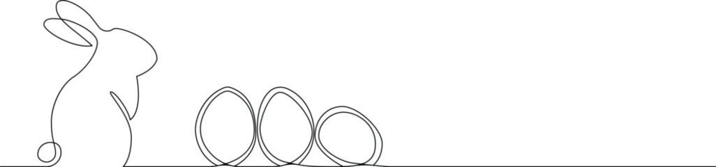 Trendy continuous monoline drawing of a standing Easter bunny and three decorative eggs, perfect for spring holiday greeting card design. © Vector Expert