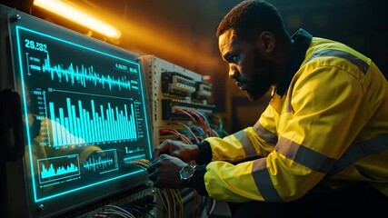 Technician inspects network server rack. Engineer does maintenance and repair while monitoring data analytics. Technology dashboard shows performance metrics. Console cables visible. Warm lighting. - Powered by Adobe