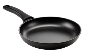 Black nonstick frying pan with smooth coated interior, sturdy handle and clean circular rim with subtle metal highlights and realistic cookware texture, isolated on transparent background.
