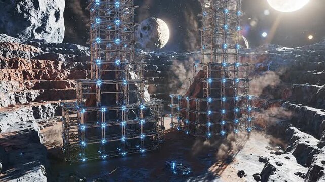 Futuristic Self-Erecting Scaffolding Systems on Alien Planet Construction Site
