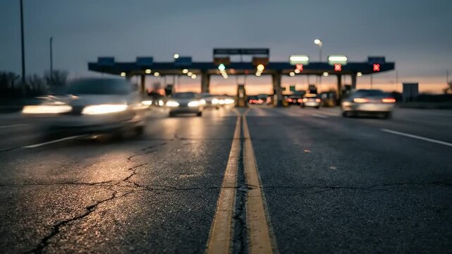 Busy highway approaching a toll plaza with moving cars illuminated by lights at dusk