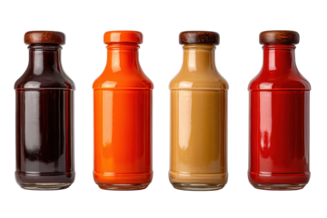Set of glossy sauce bottles in dark brown orange beige and red, plastic condiment packaging lineup with clean labels and varied cap shapes, isolated on transparent background.
