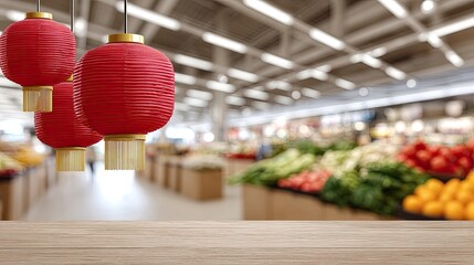 Red lanterns adorn a tree branch, marking the Chinese New Year in a lively market filled with festive decorations