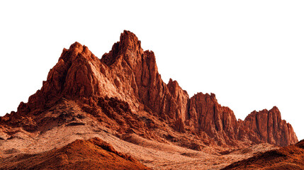 Dramatic red rock mountain ridge with rugged layered cliffs and weathered stone texture, panoramic cinematic terrain silhouette with strong natural color contrast, isolated on transparent background.
