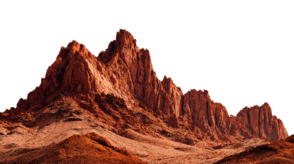 Dramatic red rock mountain ridge with rugged layered cliffs and weathered stone texture, panoramic cinematic terrain silhouette with strong natural color contrast, isolated on transparent background.
