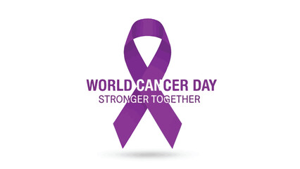 Purple awareness ribbon for world cancer day campaign with textured pattern and bold typography symbolizing solidarity and support