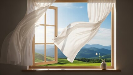 View from an open window to scenic green hills and mountains, white curtains blowing in the summer breeze, freedom, freshness and country living concept.