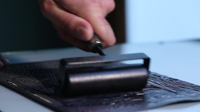 Close-up of artist hands using a brayer to roll out black ink and apply it to a carved linoleum block for relief printing. Traditional art creation process.

