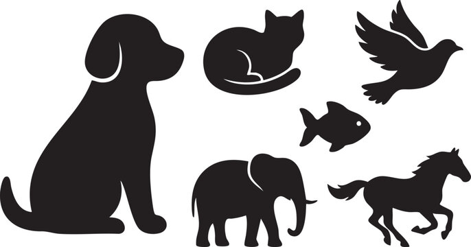Black silhouette of dog cat elephant horse fish bird on white background