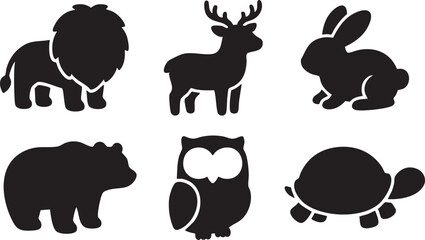 Fototapeta premium Six black animal silhouettes lion deer rabbit bear owl turtle