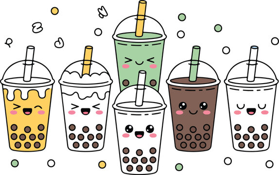 Kawaii Bubble Tea Drinks Outline Icon Set  Smiling Cups, Tapioca Pearls, and Fun Straws