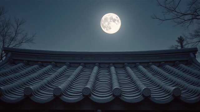 Traditional Japanese temple roof tiles with bright moon background
