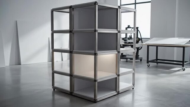 Modern modular shelving units arranged in a clean, contemporary interior space