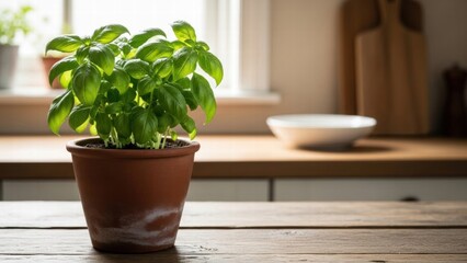 Fresh green basil in a terracotta pot on a wooden table in a bright kitchen, home gardening and healthy eating concept.