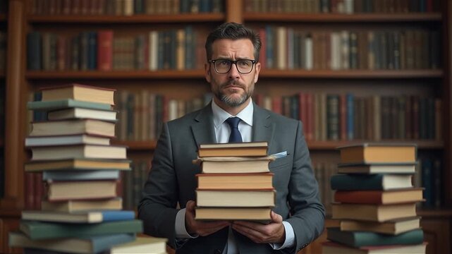 Stressed male professor holding huge pile of books library background
