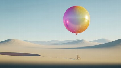 Surreal digital art of a large iridescent multicolored balloon floating over a vast sandy desert landscape with a small chair on the sand attached to the sphere.