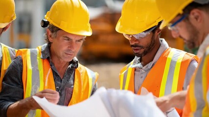 Medium shot of construction workers inspecting a blueprint together while emphasizing the importance of workplace safety and legal protections for migrants.