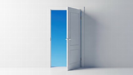 White door open in a white wall leading to a clear blue sky, minimalist concept of freedom, new opportunities and finding a way out.
