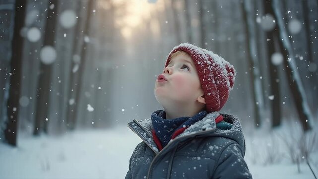 Toddler boy looking up catching large snowflakes in winter forest

