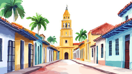 Naklejka premium Trinidad Old Town. Trinidad Old Town hand drawn watercolor illustration