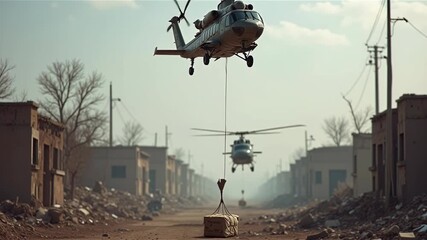 Rescue helicopter releasing humanitarian aid packages over disaster zone area
