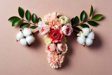 Floral arrangement in shape of female uterus with roses, carnations, cotton, and leaves on pink background, symbolizing women&rsquo;s health, fertility, and reproductive care