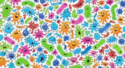 Seamless Pattern of Colorful Funny Cartoon Microbes, Germs, Bacteria, and Viruses