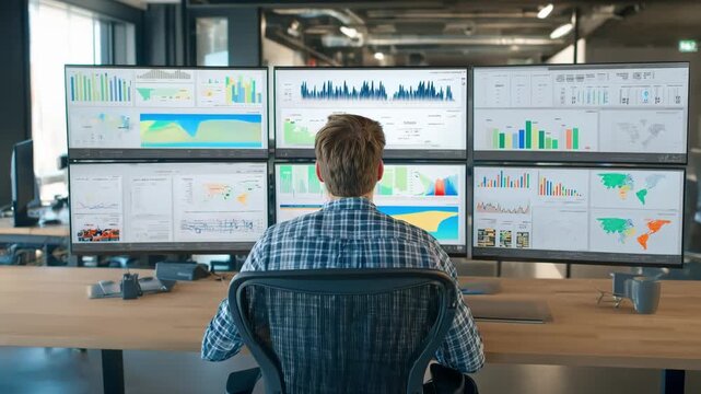 Young manager monitors digital dashboards to optimize workflow and track resources efficiently in a bright office.