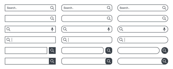 Search bar window page internet browser button, search box template isolated, various shape search bar boxes set icon