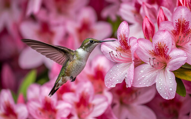 Fototapeta premium Tiny hummingbird hovering over pink azalea flowers with water droplets nature
