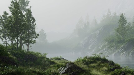 Serene Misty Landscape with Trees and Water Reflection at Dawn