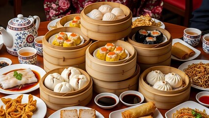 Assortment of Chinese Dim Sum Dishes on Table.