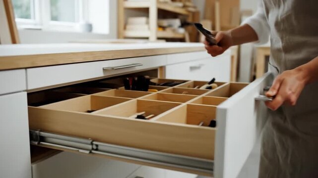 Person organizing kitchen utensils within a modular drawer system, showcasing efficient home storage solutions.