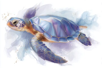 Illustration of sea turtle swimming underwater in watercolor style, marine wildlife, ocean nature, colorful animal, isolated on a white background