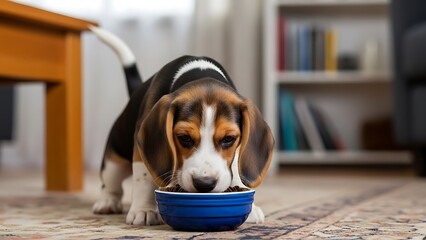 Basset Hound Eating from Blue Bowl Indoors.