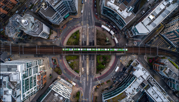 An aerial view of a train crossing the Circle Line in the city centre.