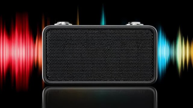 Medium shot of a sleek Bluetooth speaker emitting vibrant sound waves highlighting superior audio quality improvements and modern design elements.