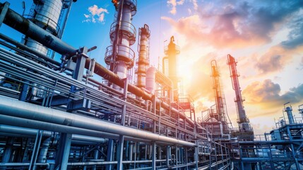 Industrial Complex with Pipelines at Dusk Under Colorful Sky