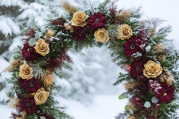 A cozy circular wedding arch filled with deep burgundy and gold flowers, mixed with pine boughs for a winter wonderland theme,