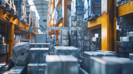 Industrial Warehouse with Metallic Blocks and Stacks of Materials