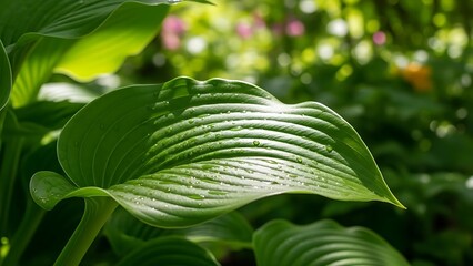 Close-up of Hosta Leaves in Garden.